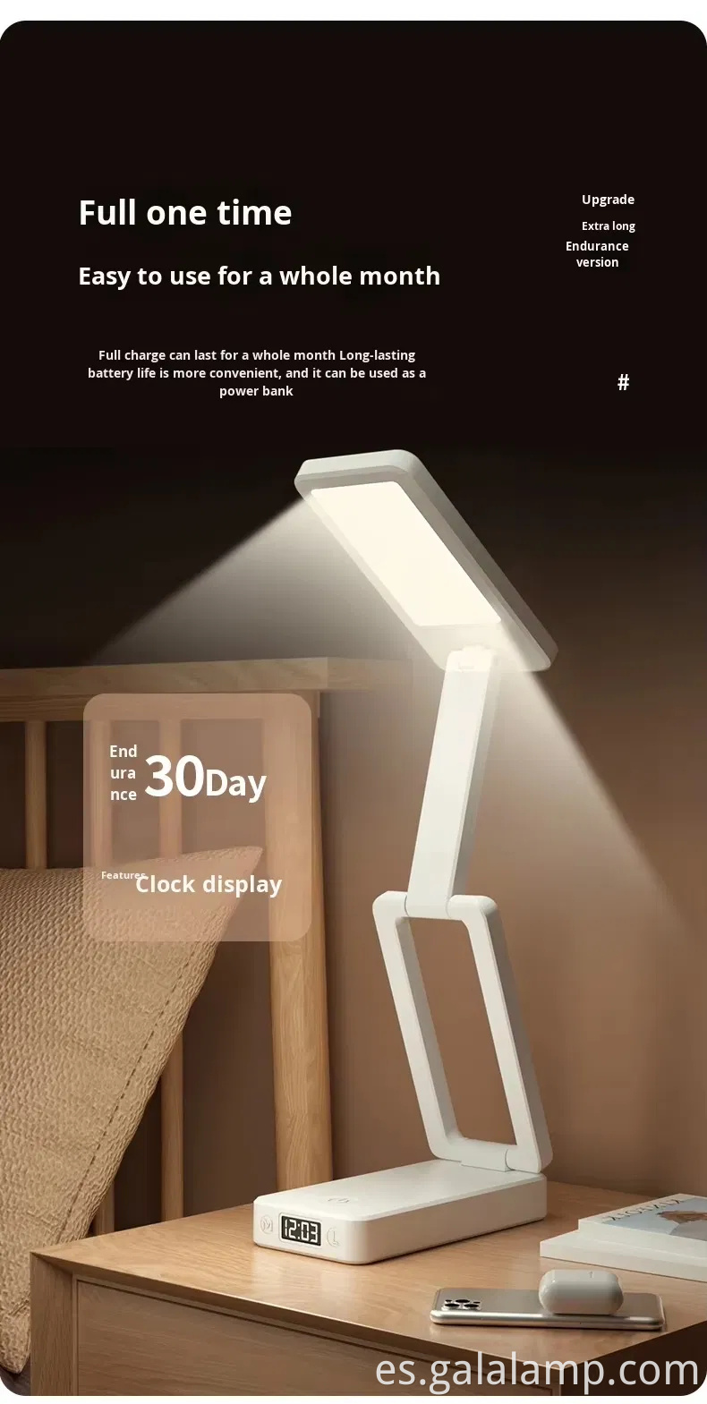 Rechargeable Folding Desk Lamp, Clock Reading Desk Lamp
